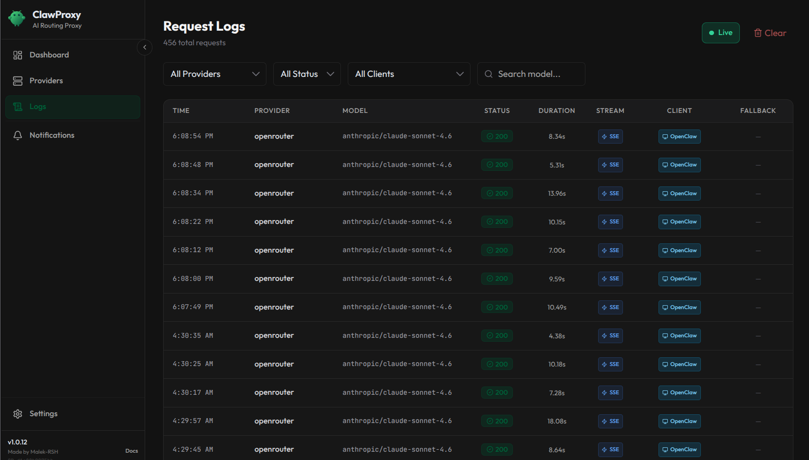 Real-time request logs