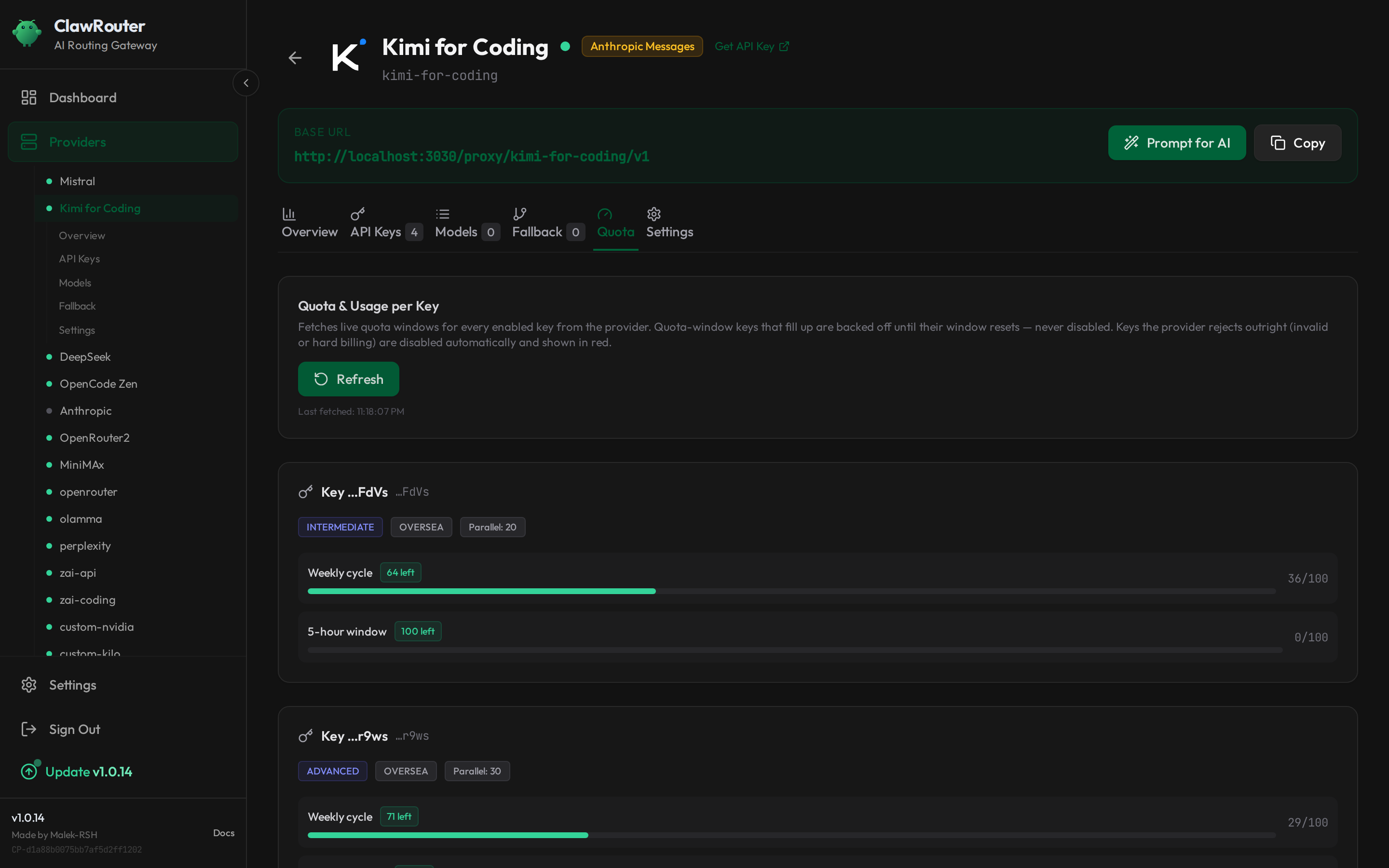 Per-key quota windows for a subscription provider